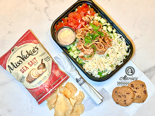 bbq chicken salad lunch box with chips and cookie