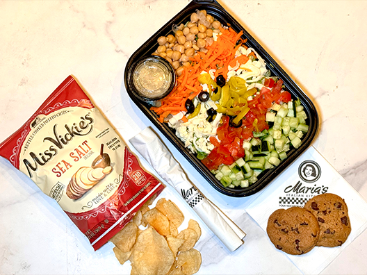 chopped Italian salad lunch box with chips and cookie