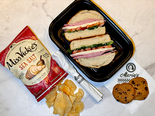 salami & provolone sandwich lunch box with chips and cookie